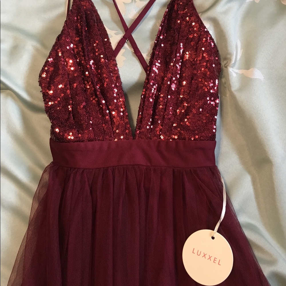 Burgundy Sequin Tulle Maxi Dress